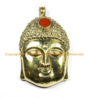 LARGE Buddha Head Tibetan Brass Pendant with Inlay Coral Accent, Repousse Floral Details - 60mm x 98mm - OOAK Tibetan Pendant - WM6365