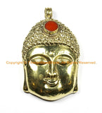 LARGE Buddha Head Tibetan Brass Pendant with Inlay Coral Accent, Repousse Floral Details - 60mm x 98mm - OOAK Tibetan Pendant - WM6365