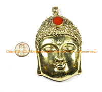 LARGE Buddha Head Tibetan Brass Pendant with Inlay Coral Accent, Repousse Floral Details - 60mm x 98mm - OOAK Tibetan Pendant - WM6365
