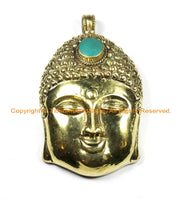 LARGE Buddha Head Tibetan Brass Pendant with Turquoise Accent, Repousse Floral Details 60mm x 98mm OOAK Statement Tibetan Pendant - WM6367