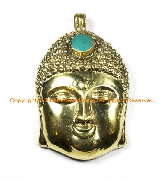 LARGE Buddha Head Tibetan Brass Pendant with Turquoise Accent, Repousse Floral Details 60mm x 98mm OOAK Statement Tibetan Pendant - WM6367