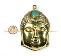 LARGE Buddha Head Tibetan Brass Pendant with Turquoise Accent, Repousse Floral Details - OOAK Statement Tibetan Pendant - WM6369