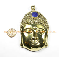 LARGE Buddha Head Tibetan Brass Pendant with Resin Lapis Inlay Accent, Repousse Floral Details - OOAK Statement Tibetan Pendant - WM6364