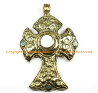 OOAK LARGE Tibetan Brass Carved Cross Pendant with Conch Inlay, Repousse Floral Details - Cross Pendant- TibetanBeadStore Jewelry - WM6370