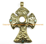 OOAK LARGE Tibetan Brass Carved Cross Pendant with Conch Inlay, Repousse Floral Details - Cross Pendant- TibetanBeadStore Jewelry - WM6370