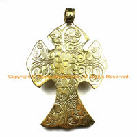 OOAK LARGE Tibetan Brass Carved Cross Pendant with Conch Inlay, Repousse Floral Details - Cross Pendant- TibetanBeadStore Jewelry - WM6370