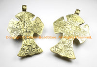 OOAK LARGE Tibetan Brass Cross Pendant with Black Howlite & Coral Accent, Repousse Floral Details - Cross Pendant TibetanBeadStore - WM6374