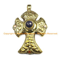 OOAK LARGE Tibetan Brass Cross Pendant with Faceted Quartz Accent, Repousse Floral Details - LARGE Cross Pendant TibetanBeadStore - WM6372