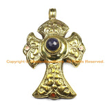 OOAK LARGE Tibetan Brass Cross Pendant with Faceted Quartz Accent, Repousse Floral Details - LARGE Cross Pendant TibetanBeadStore - WM6372