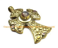 OOAK LARGE Tibetan Brass Cross Pendant with Faceted Quartz Accent, Repousse Floral Details - LARGE Cross Pendant TibetanBeadStore - WM6373