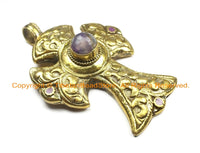 OOAK LARGE Tibetan Brass Cross Pendant with Faceted Quartz Accent, Repousse Floral Details - LARGE Cross Pendant TibetanBeadStore - WM6375