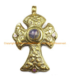 OOAK LARGE Tibetan Brass Cross Pendant with Faceted Quartz Accent, Repousse Floral Details - LARGE Cross Pendant TibetanBeadStore - WM6375