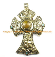 OOAK LARGE Tibetan Brass Cross Pendant with Amber Resin Accent, Repousse Floral Details - LARGE Cross Pendant TibetanBeadStore - WM6377