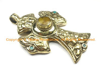 OOAK LARGE Tibetan Brass Cross Pendant with Amber Resin Accent, Repousse Floral Details - LARGE Cross Pendant TibetanBeadStore - WM6377