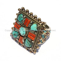 LARGE Ethnic Tribal Tibetan Statement Ring with Turquoise, Coral Inlays (SIZE 10) Handmade Ring Tibetan Jewelry by TibetanBeadStore R8B-10