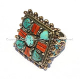 LARGE Ethnic Tribal Tibetan Statement Ring with Turquoise, Coral Inlays (SIZE 10) Handmade Ring Tibetan Jewelry by TibetanBeadStore R8B-10