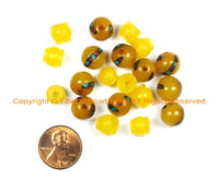 2 SETS - Tibetan Amber Resin Guru Bead Set with Turquoise, Coral Inlays - Tibetan Amber Guru Beads - GB37B-2