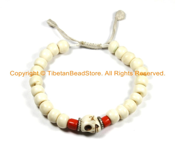 Adjustable Tibetan Bone Beads Unisex Wrist Mala Bracelet- Skull Mala Bracelet Yoga Bracelet Nepal Tibet Beads Bracelet Boho Bracelet- C150