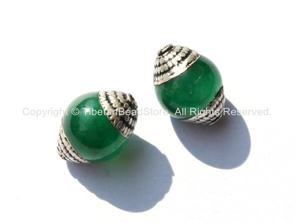 2 BEADS - Ethnic Tibetan Green Jade Beads with Tibetan Silver Caps - Ethnic Nepal Tibetan Artisan Handmade Beads - B1820-2