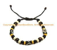 Adjustable Tibetan Etched Eyes Bone & Wood Beads Bracelet- Boho Bracelet Unisex Bracelet Yoga Bracelet Handmade Tibetan Jewelry - C180