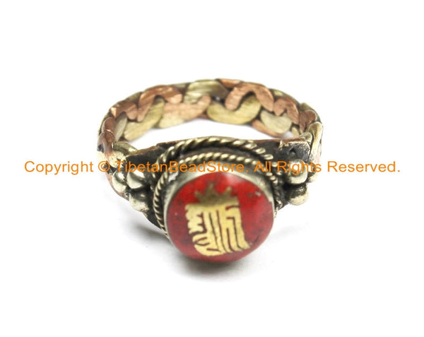 Tibetan "Kalachakra" Mantra 3-Metals Ring with Coral Inlays (SIZE 9.5)- Unisex Ring Handmade Tibetan Jewelry - TibetanBeadStore- R249-9.5