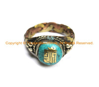 Tibetan "Kalachakra" Mantra 3-Metals Ring with Turquoise Inlays (SIZE 9.25)- Unisex Handmade Tibetan Jewelry TibetanBeadStore- R252-9.25