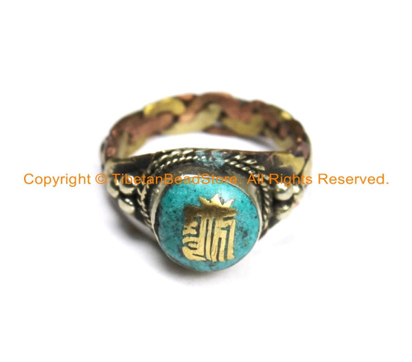Tibetan "Kalachakra" Mantra 3-Metals Ring with Turquoise Inlays (SIZE 10.5)- Unisex Handmade Tibetan Jewelry TibetanBeadStore- R252-10.5