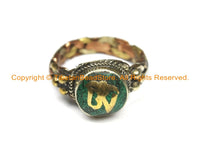 Ethnic Tibetan "OM" Mantra 3-Metals Ring with Malachite Inlays (SIZE 8.5)- Unisex Handmade Tibetan Jewelry TibetanBeadStore- R246-8.5