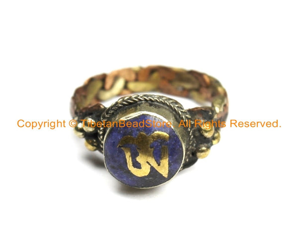 Ethnic Tibetan "OM" Mantra 3-Metals Ring with Lapis Inlays (SIZE 10)- Unisex Handmade Tibetan Jewelry TibetanBeadStore- R253-10