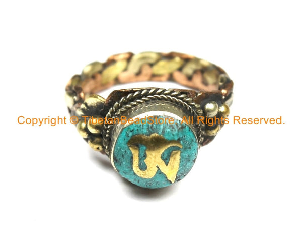OM Mantra 3-Metals Ethnic Tibetan Ring with Turquoise Inlays (SIZE 9.25)- OM Ring- Handmade Tibetan Jewelry TibetanBeadStore- R247-9.25