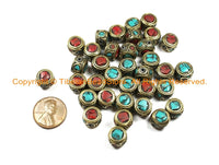 2 BEADS Tibetan Beads-Turquoise, Coral & Brass Inlay Beads Nepalese Beads Tibet Beads Tribal Beads TibetanBeadStore Nepal Beads- B3028-2