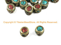 2 BEADS Tibetan Beads-Turquoise, Coral & Brass Inlay Beads Nepalese Beads Tibet Beads Tribal Beads TibetanBeadStore Nepal Beads- B3028-2