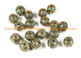 10 BEADS Tibetan Turquoise, Coral, Brass Inlay Cube Box Shaped Beads Nepalese Beads Tribal Beads Nepal Beads Tibetan Jewelry - B3024-10 - TibetanBeadStore