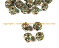 4 BEADS Tibetan Turquoise, Coral, Brass Inlay Cube Box Shaped Beads Nepalese Beads Tribal Beads Nepal Beads TibetanBeadStore - B3024-4