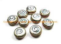 4 BEADS Tibetan Naga Conch Shell Beads with Spiral Design & Turquoise, Coral Inlays - Reversible Beads Nepalese Beads Tibet Beads- B3019-4