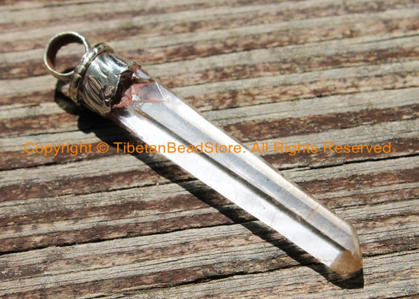 Tibetan Quartz Crystal Point Pendant with Tibetan Silver Carved Bail - Healing Quartz TibetanBeadStore Himalayan Quartz Pendant- WM6185