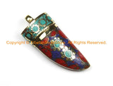 Tibetan Lapis, Coral, Turquoise & Brass Inlay Horn Tusk Pendant - Ethnic Tribal Boho Tibetan Horn Tibetan Pendant Tibetan Jewelry- WM6330