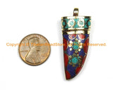 Tibetan Lapis, Coral, Turquoise & Brass Inlay Horn Tusk Pendant - Ethnic Tribal Boho Tibetan Horn Tibetan Pendant Tibetan Jewelry- WM6330