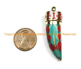 Tibetan Coral, Turquoise & Brass Inlay Horn Tusk Pendant - Ethnic Design Tibetan Horn Tibetan Pendant Nepalese Tibetan Jewelry- WM6329
