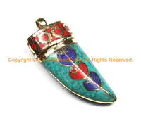 Tibetan Lapis, Coral, Turquoise & Brass Inlay Horn Tusk Pendant - Ethnic Tribal Boho Tibetan Horn Tibetan Pendant Tibetan Jewelry- WM6328