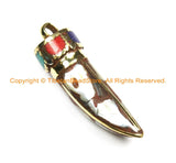 Tibetan Shell Pearl, Coral, Turquoise & Brass Inlay Horn Tusk Pendant - Ethnic Design Tibetan Horn Nepalese Nepal Tibetan Jewelry- WM6326
