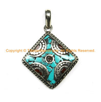 Nepal Tibetan Pendant with Turquoise, Coral Inlays- Ethnic Tribal Mosaic Inlay Pendant- Nepalese Pendant- TibetanBeadStore Jewelry- WM6347