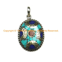 Nepal Tibetan Pendant with Turquoise, Coral, Lapis Inlays- Mosaic Inlay Boho Pendant- Nepalese Pendant- TibetanBeadStore Jewelry- WM6345