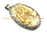 OOAK Tibetan Ethnic Tribal Old Bone Hand Carved Double Rabbits Pendant with Repousse Tibetan Silver Fish Details TibetanBeadStore - WM6442