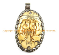 OOAK Tibetan Ethnic Tribal Old Bone Hand Carved Double Rabbits Pendant with Repousse Tibetan Silver Fish Details TibetanBeadStore - WM6442