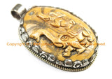 OOAK Tibetan Ethnic Tribal Old Bone Hand Carved Double Elephants Pendant with Repousse Lotus Floral Details - TibetanBeadStore - WM6449