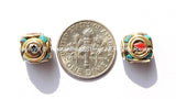 1 BEAD Tibetan Bead with Brass, Turquoise & Coral Inlays - Tibetan Cube Beads with Brass Circles - Nepalese Beads Tibetan Beads- B1775-1