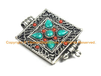 Filigree Tibetan Ghau Prayer Box Amulet Pendant with Turquoise & Coral Inlays- Tibetan Ghau Prayer Box Ethnic Nepal Tibetan Jewelry- WM7001