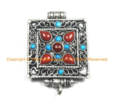 Filigree Tibetan Ghau Prayer Box Amulet Pendant with Turquoise & Coral Inlays- Tibetan Ghau Prayer Box Ethnic Nepal Tibetan Jewelry- WM7002