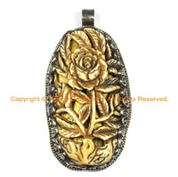 LARGE OOAK Tibetan Ethnic Tribal Old Bone Hand Carved Roses Flower Floral Pendant with Repousse Tibetan Silver Lotus & Floral Details WM6419